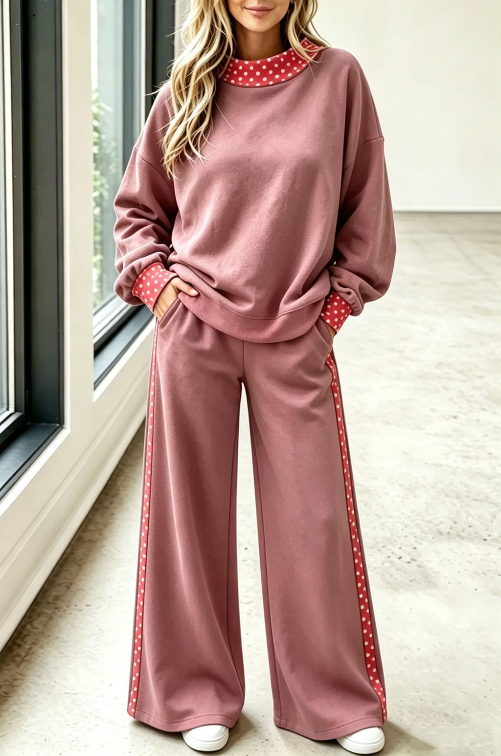 Polka Dot Trim Mock Neck Wide Leg Pant Set - Pink