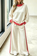 Polka Dot Trim Mock Neck Wide Leg Pant Set - White