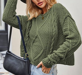 Chunky Diamond Cable Knit Sweater - Green - 1