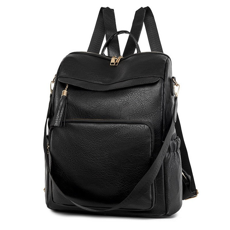 Roomy Faux Leather Backpack Purse with Tassel - Black