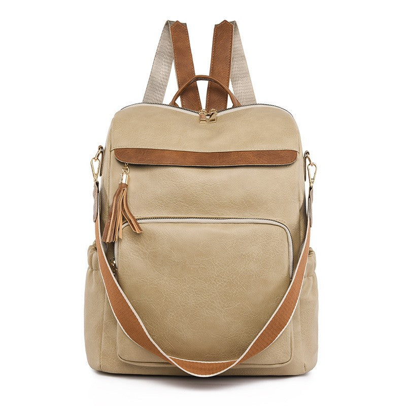 Roomy Faux Leather Backpack Purse with Tassel - Khaki