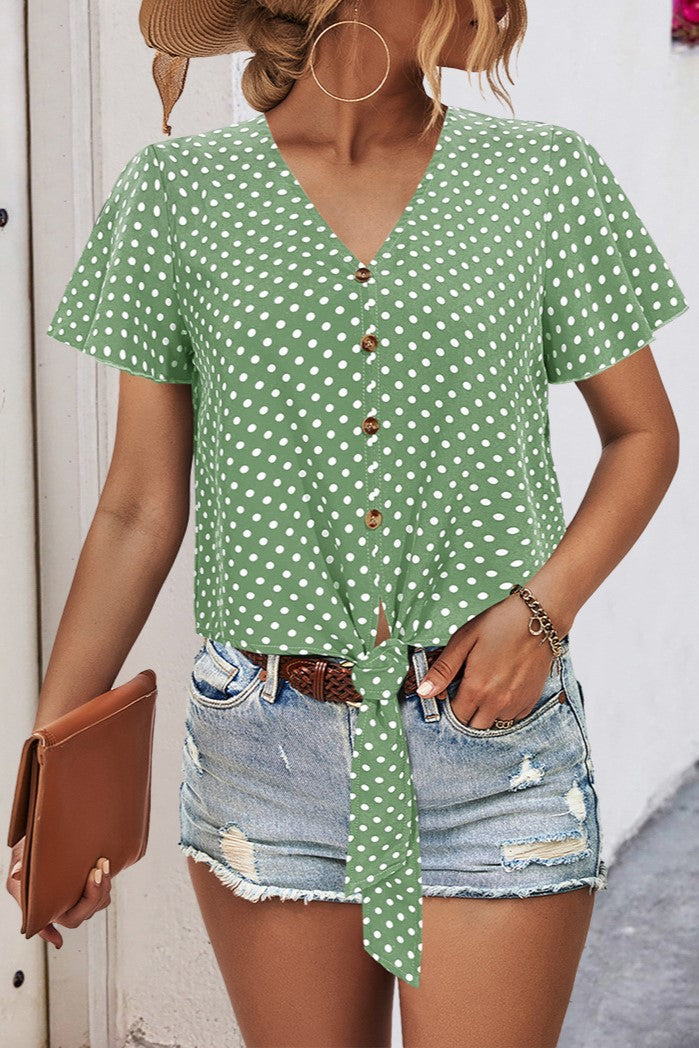 Tie Front Button Down Flutter Sleeve Blouse - Green dots