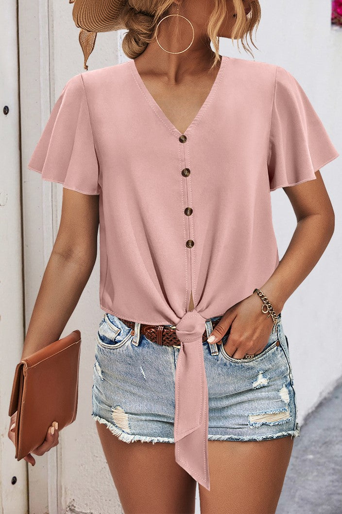 Tie Front Button Down Flutter Sleeve Blouse - Pink