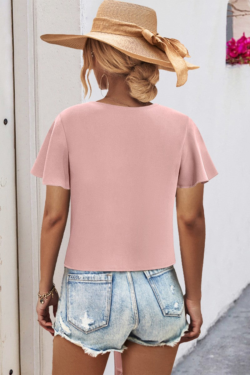 Tie Front Button Down Flutter Sleeve Blouse - Pink - 1