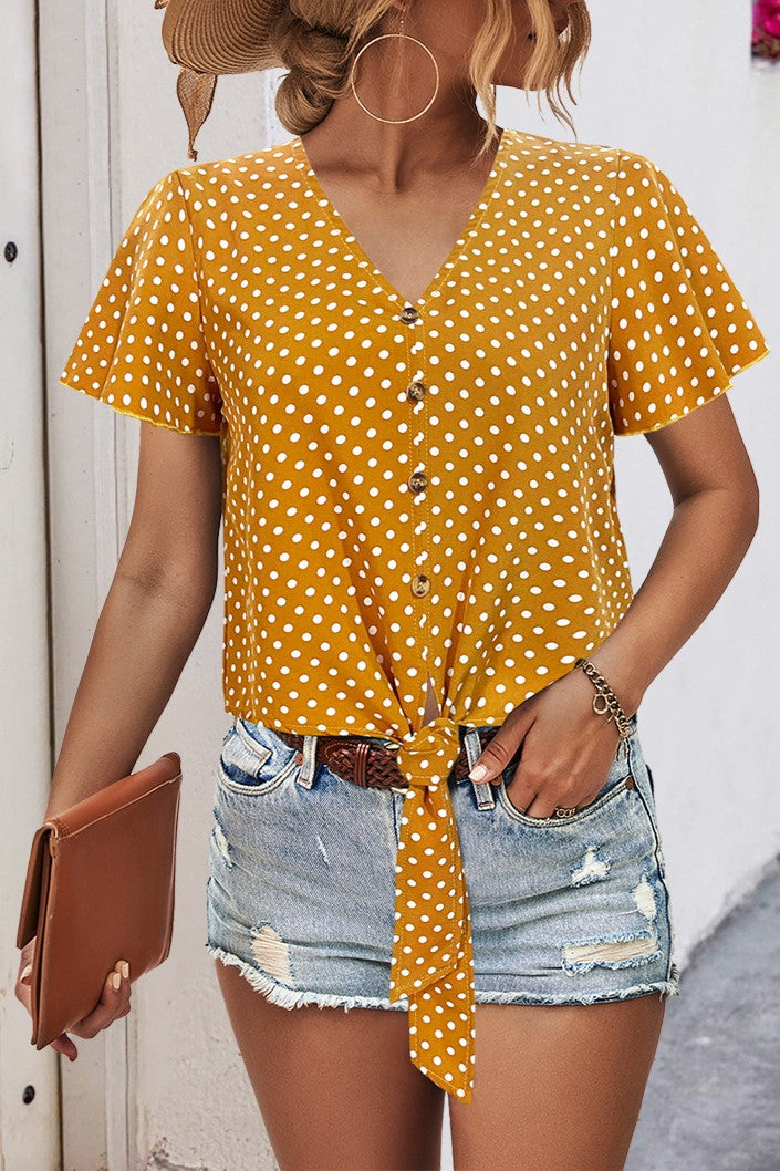 Tie Front Button Down Flutter Sleeve Blouse - Yellow dots