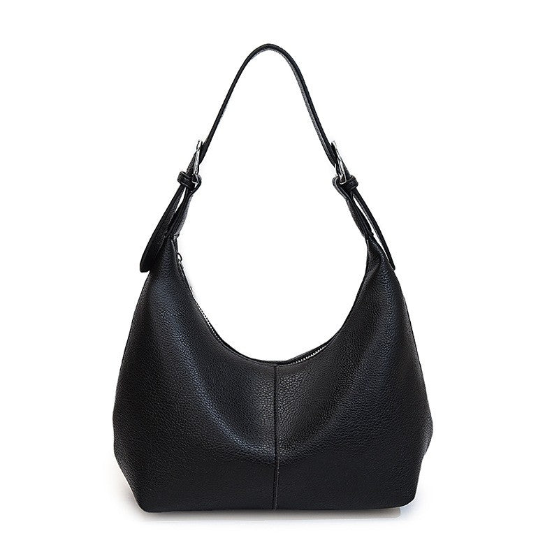 Crescent Hobo Shoulder Bag with Buckle Strap - Black