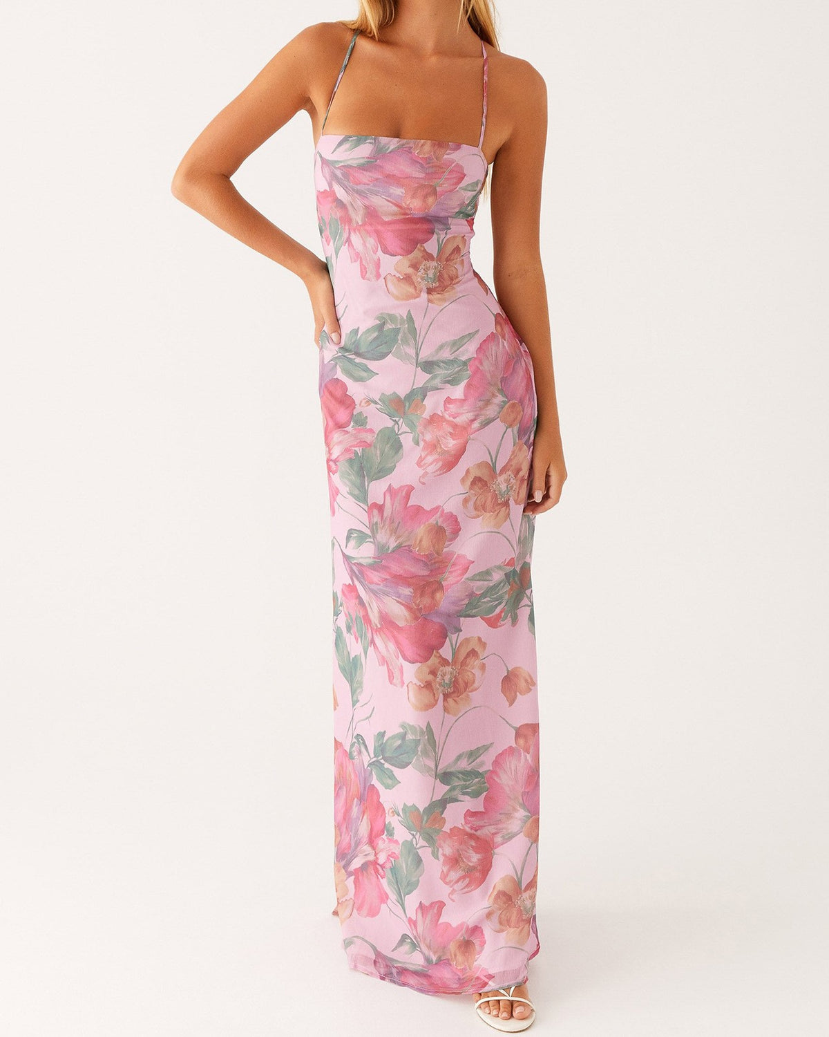 Floral Mesh Lace Up Back Maxi Dress - Violet