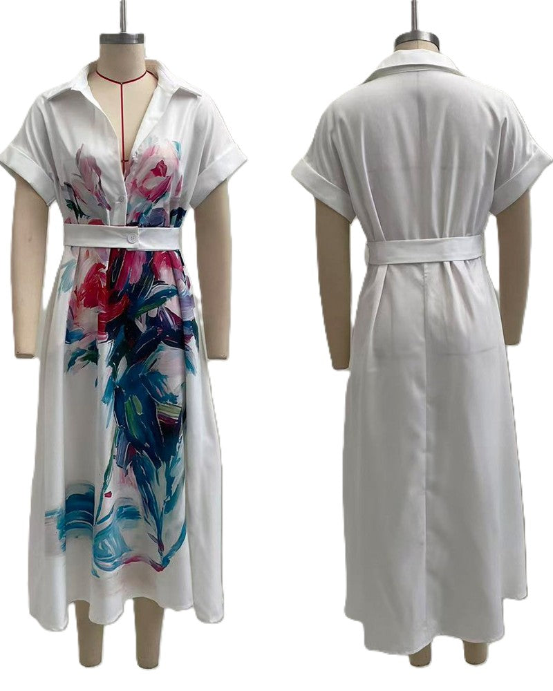 Painterly Floral Maxi Shirt Dress - White - 1