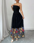 Embroidered Mesh Hem Strapless Maxi Dress - Black