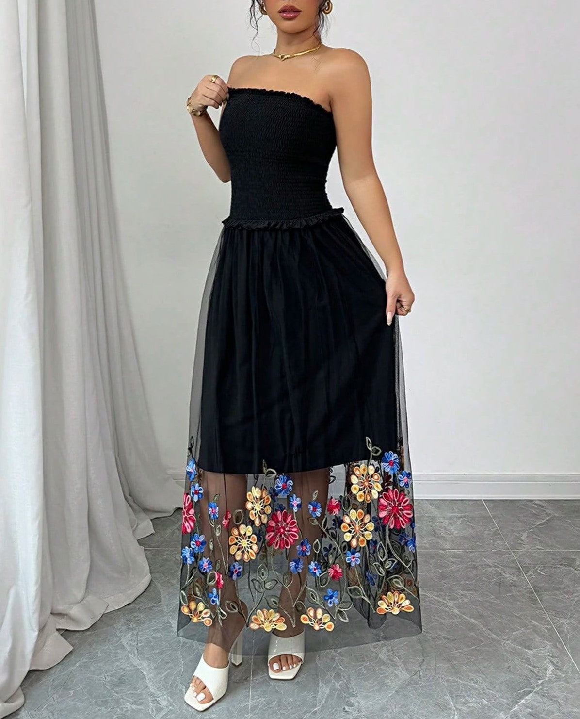 Embroidered Mesh Hem Strapless Maxi Dress - Black