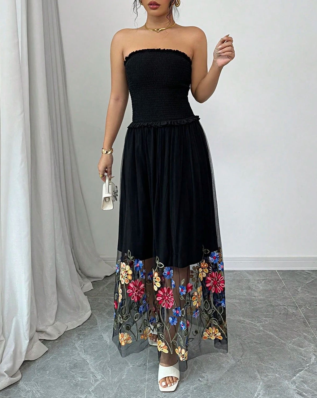 Embroidered Mesh Hem Strapless Maxi Dress - Black - 1