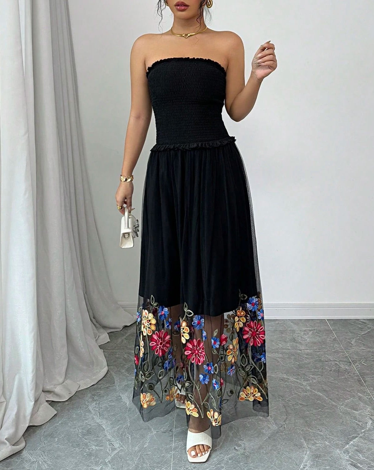 Embroidered Mesh Hem Strapless Maxi Dress - Black - 1