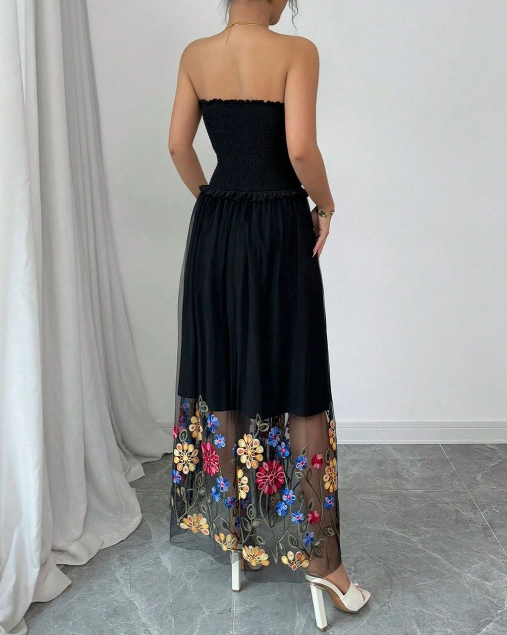 Embroidered Mesh Hem Strapless Maxi Dress - Black - 2
