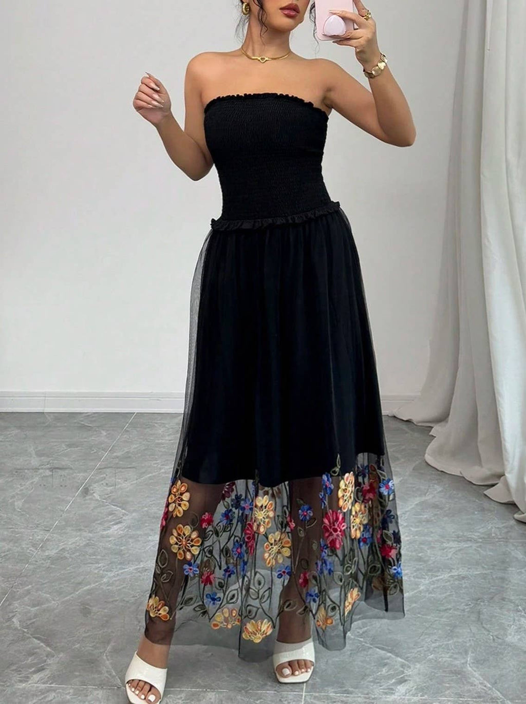 Embroidered Mesh Hem Strapless Maxi Dress