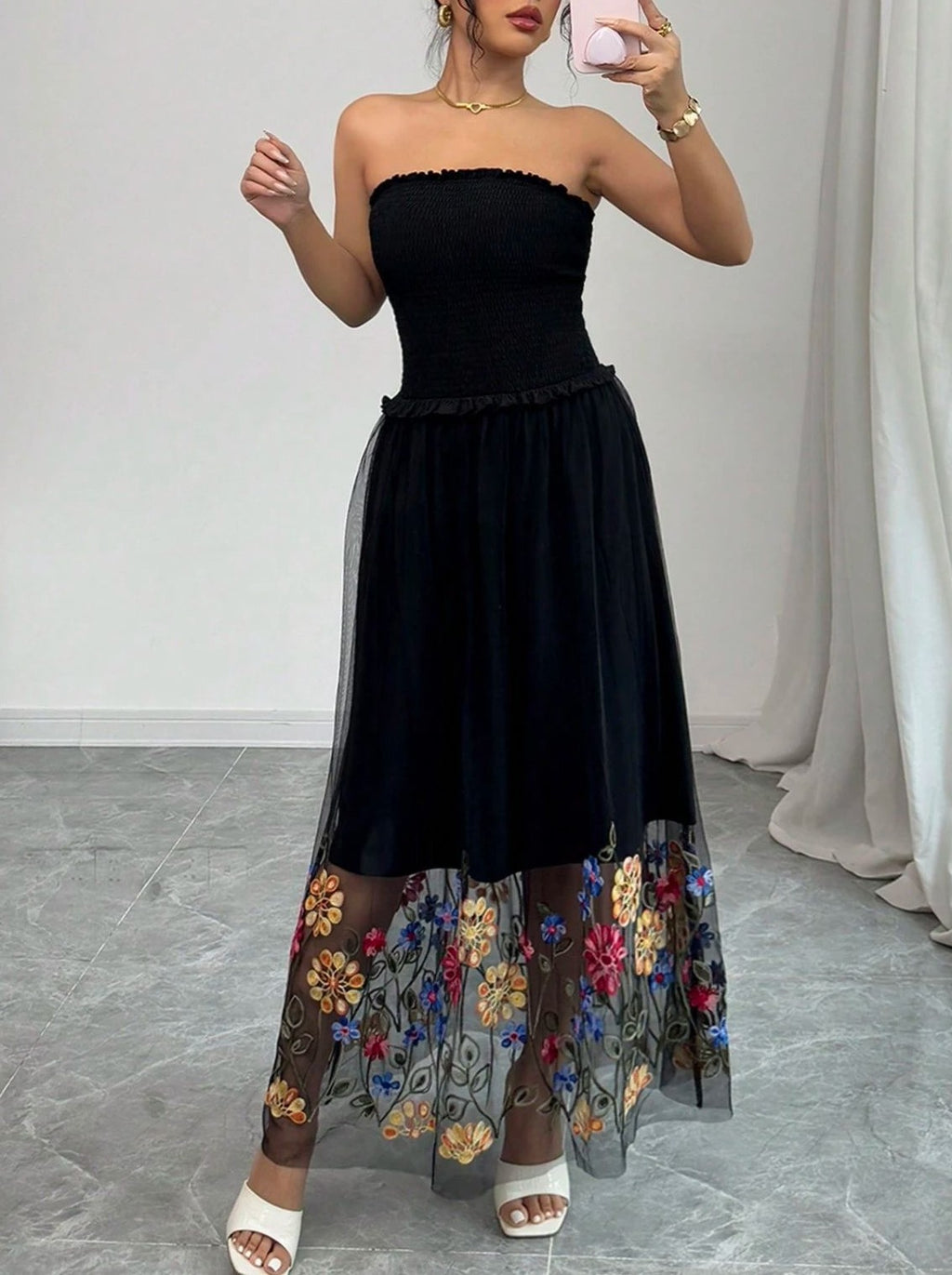 Embroidered Mesh Hem Strapless Maxi Dress - view 1