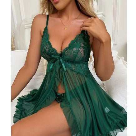 Lace Cup Sheer Mesh Open Front Ruffle Babydoll Set