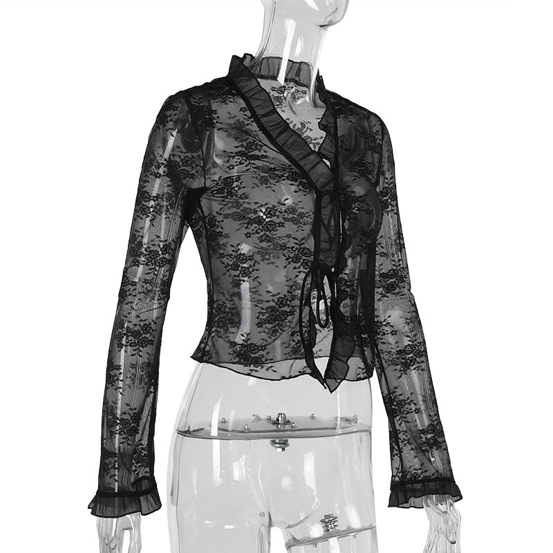Sheer Lace Ruffle Tie Front Cardigan - Black