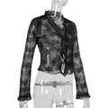 Sheer Lace Ruffle Tie Front Cardigan - Black