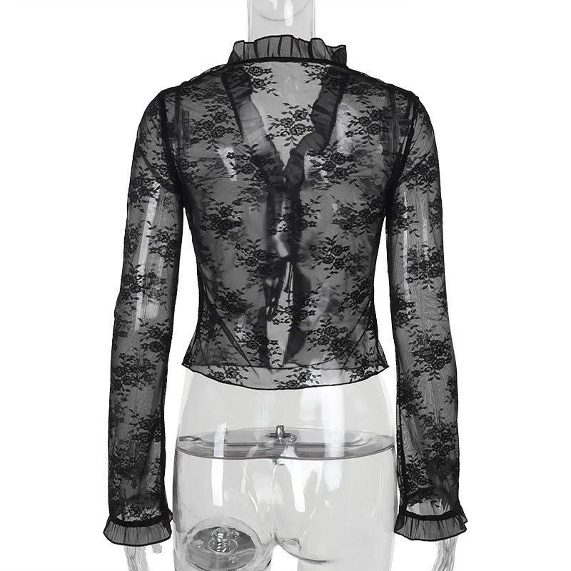 Sheer Lace Ruffle Tie Front Cardigan - Black - 1