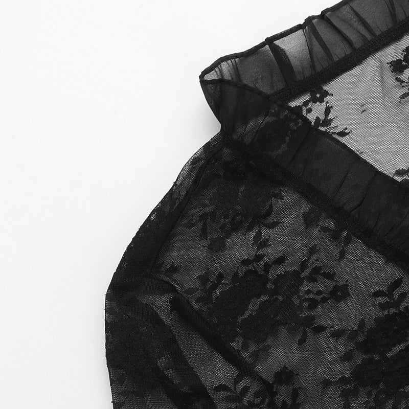Sheer Lace Ruffle Tie Front Cardigan - Black - 3