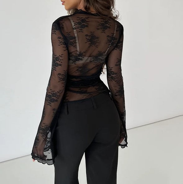 Sheer Lace Ruffle Tie Front Cardigan - Black - 8