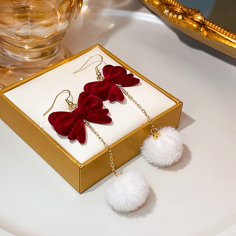 Velvet Bow Pom Pom Drop Earrings - Red