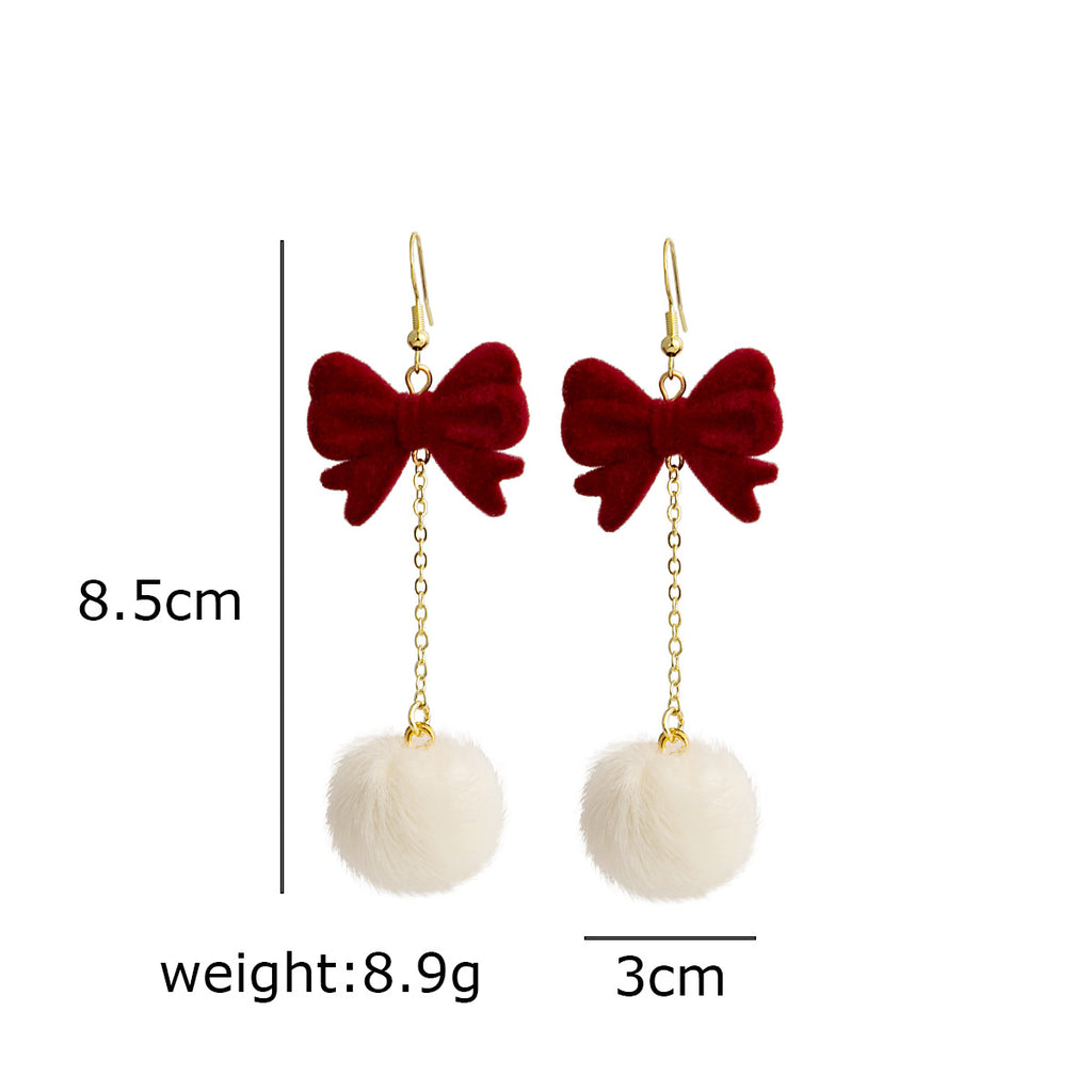 Velvet Bow Pom Pom Drop Earrings - Red - 1