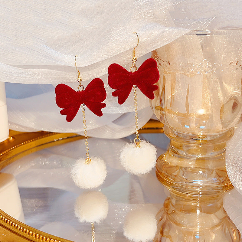Velvet Bow Pom Pom Drop Earrings - Red - 2