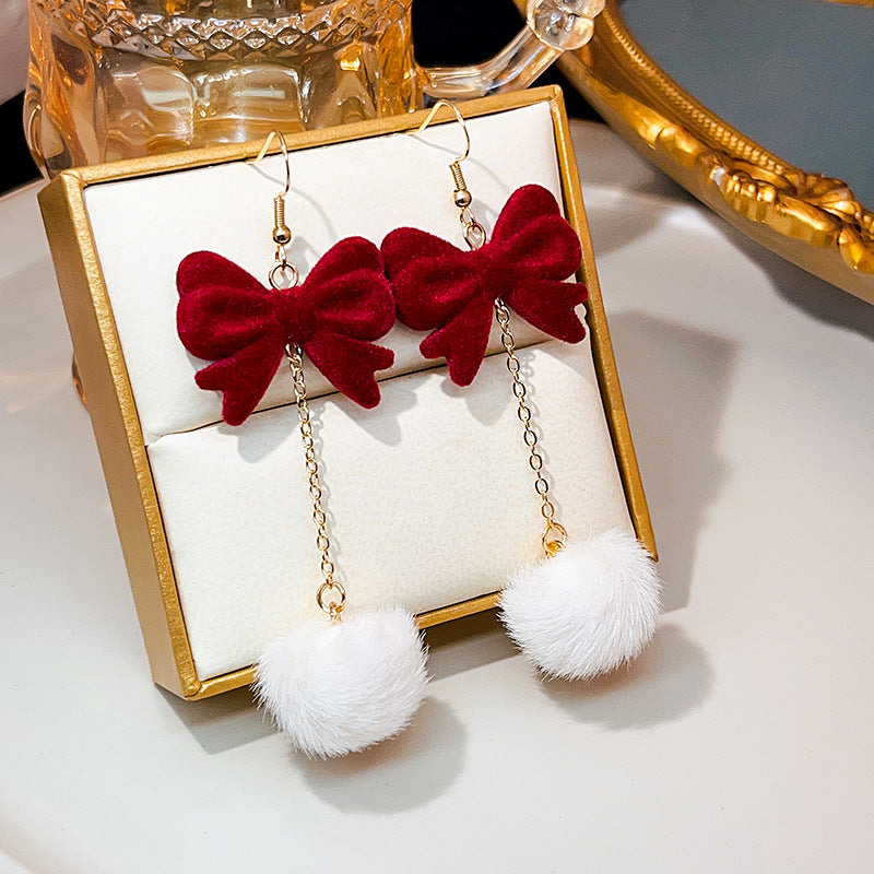 Velvet Bow Pom Pom Drop Earrings - Red - 3