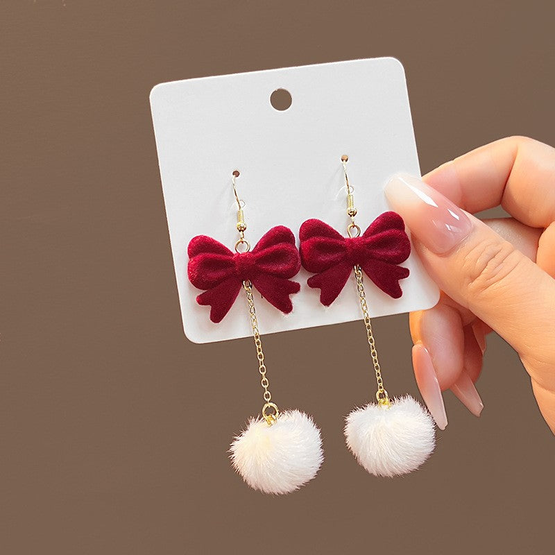 Velvet Bow Pom Pom Drop Earrings - view 1
