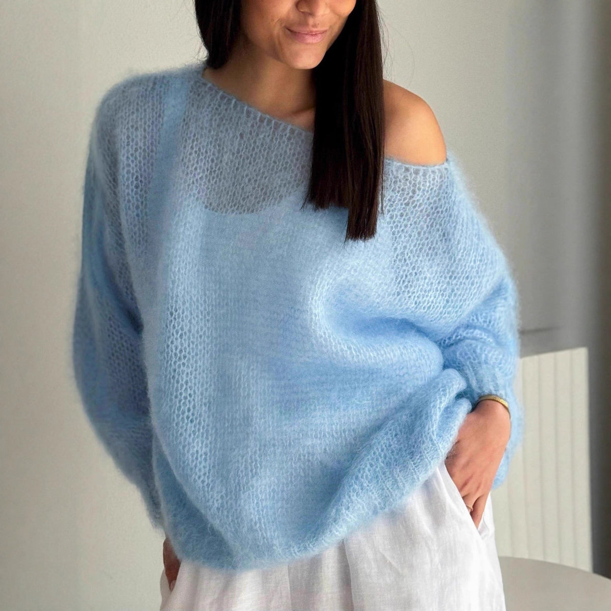 Sheer Loose Knit Off Shoulder Sweater - Blue