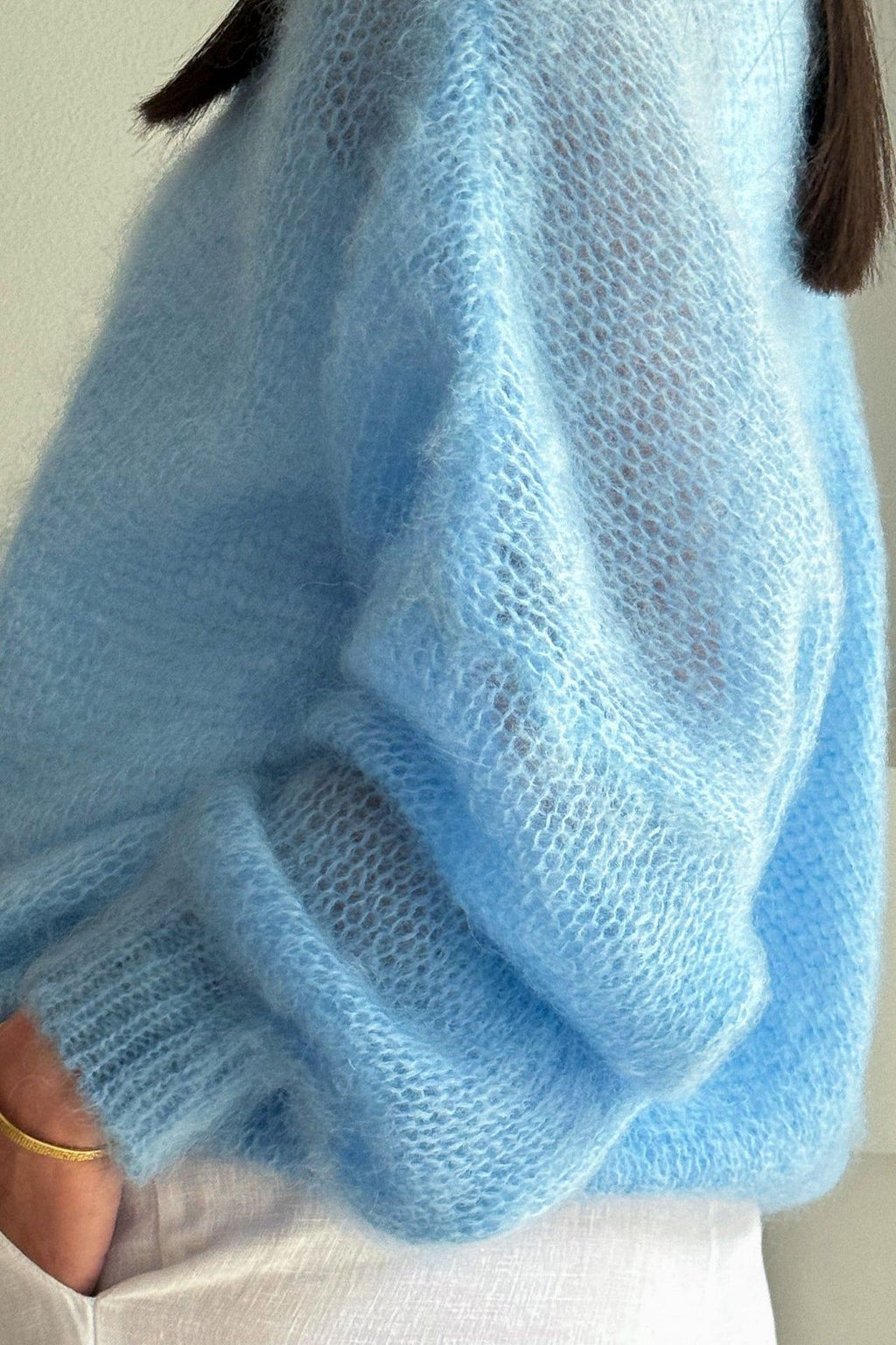 Sheer Loose Knit Off Shoulder Sweater - Blue - 1