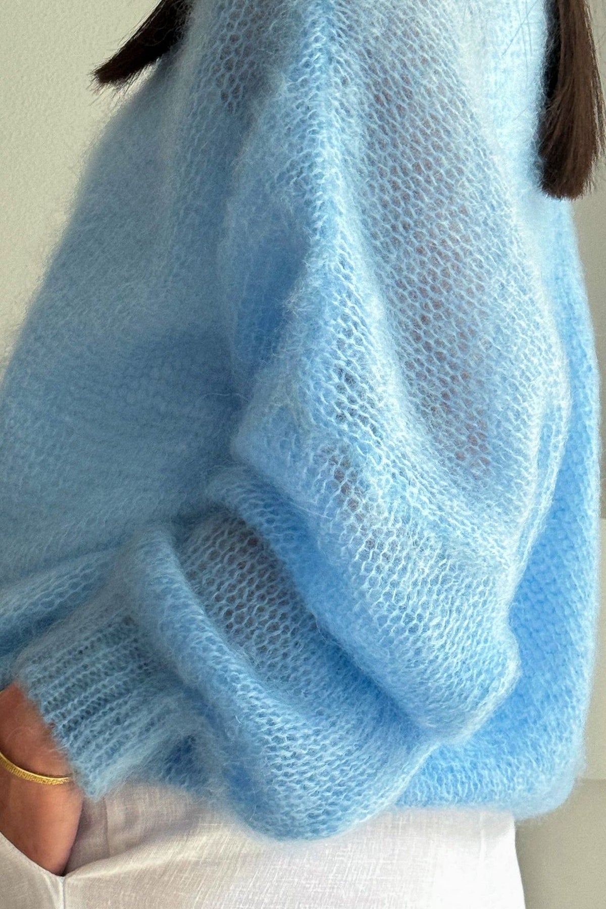 Sheer Loose Knit Off Shoulder Sweater - Blue - 1