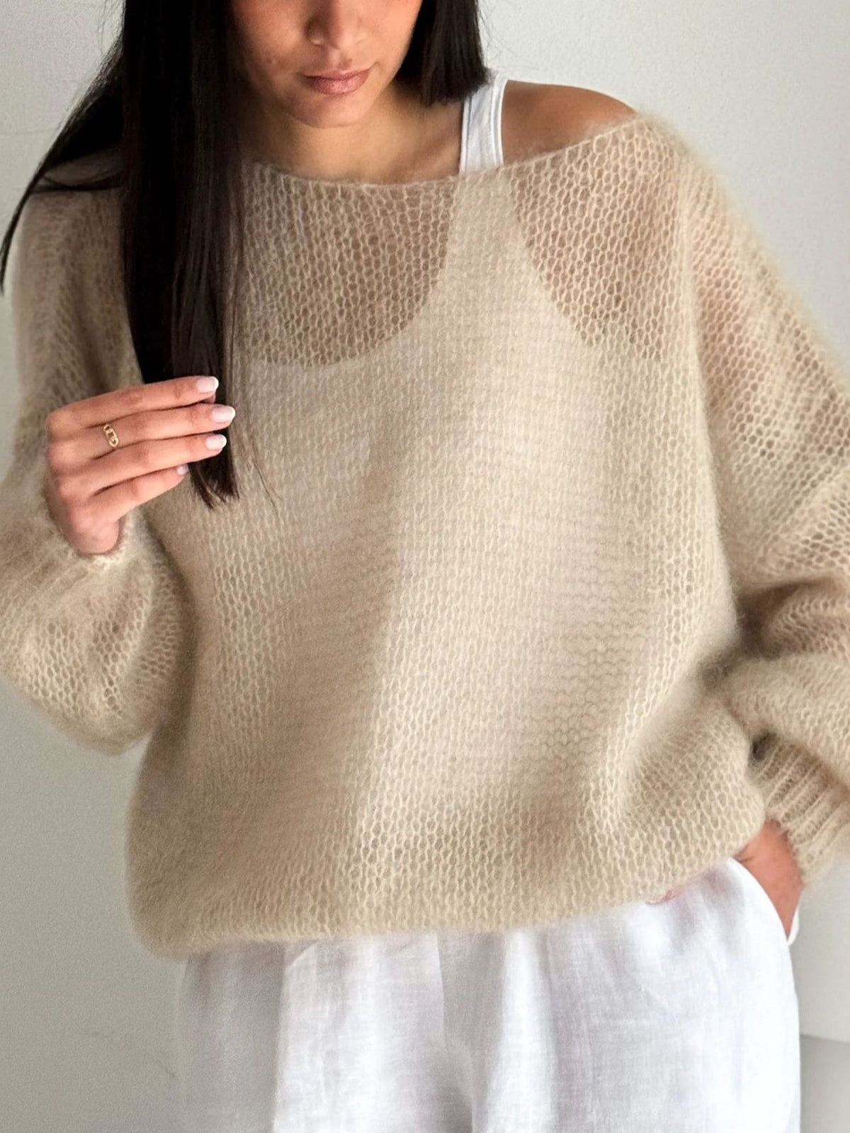 Sheer Loose Knit Off Shoulder Sweater - Khaki