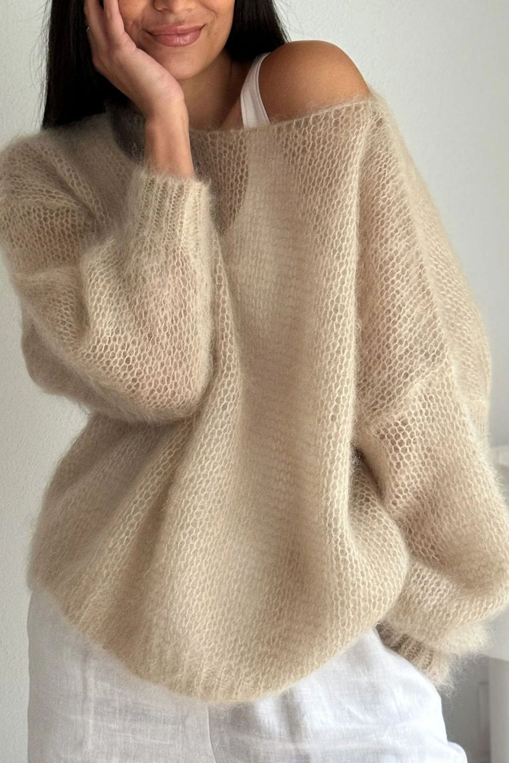 Sheer Loose Knit Off Shoulder Sweater - Khaki - 1