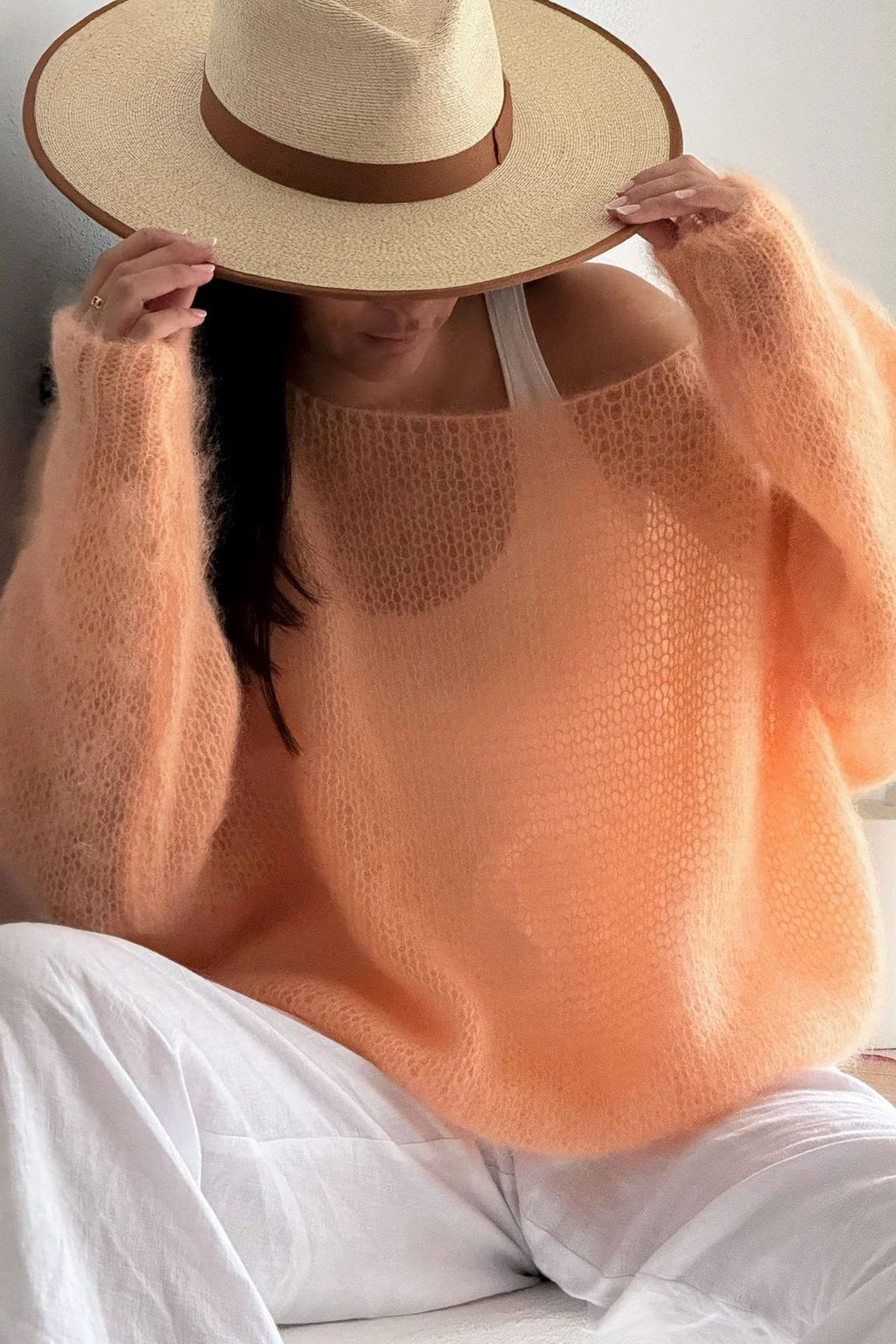 Sheer Loose Knit Off Shoulder Sweater - Orange