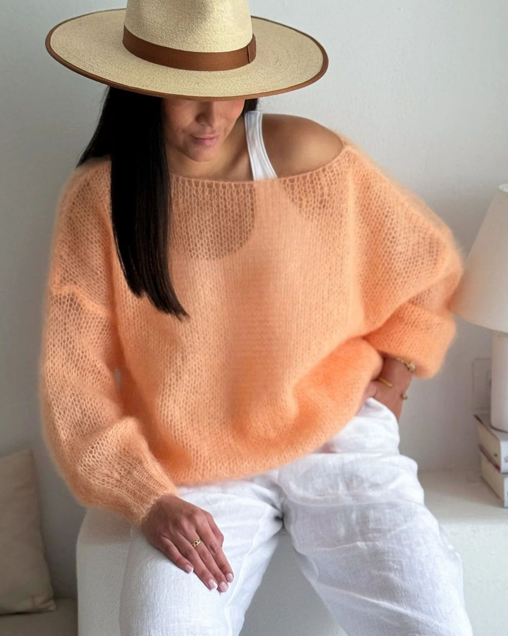 Sheer Loose Knit Off Shoulder Sweater - Orange - 1