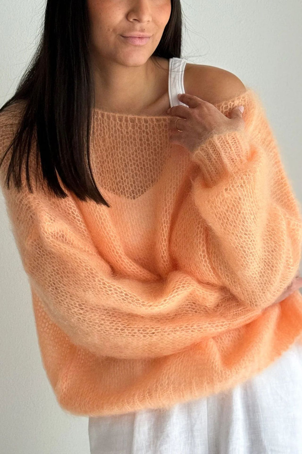 Sheer Loose Knit Off Shoulder Sweater - Orange - 2