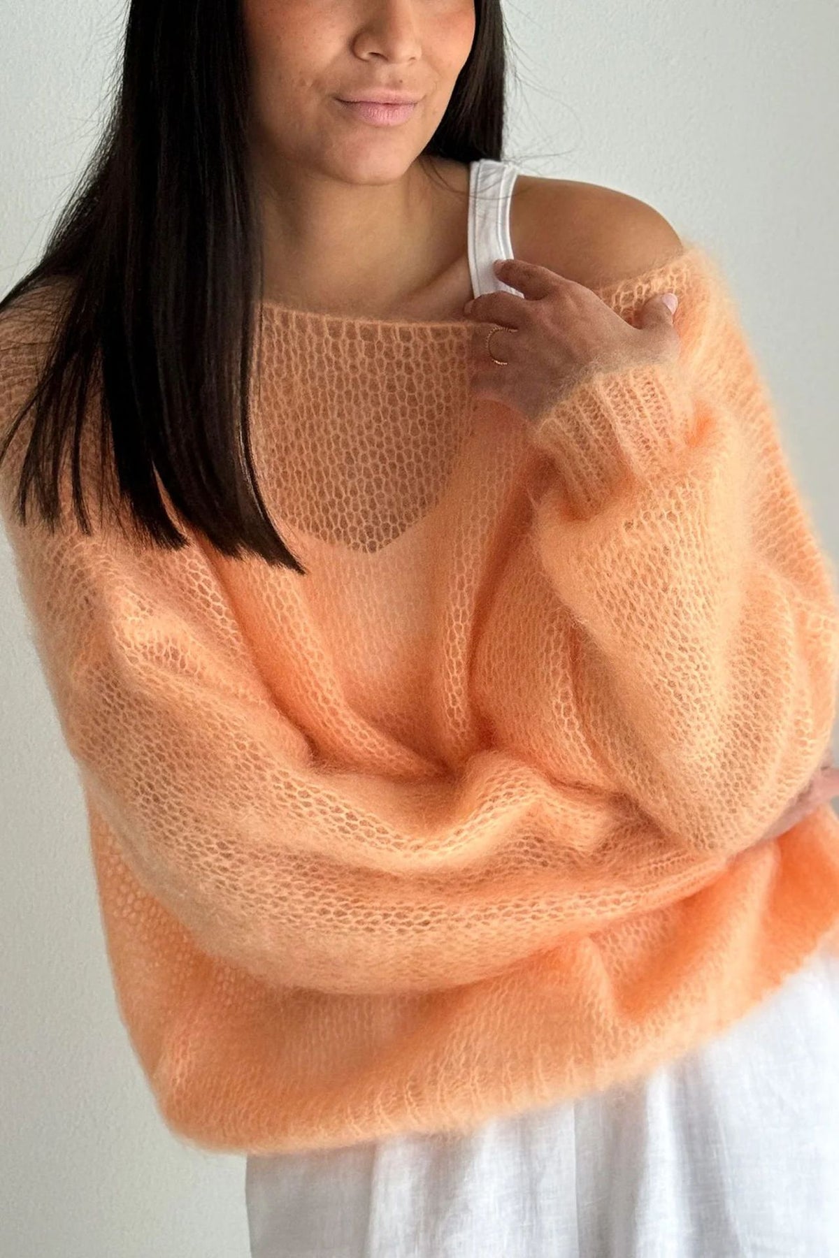 Sheer Loose Knit Off Shoulder Sweater - Orange - 2