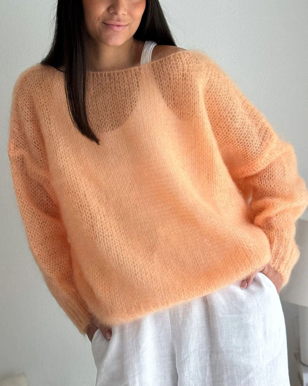 Sheer Loose Knit Off Shoulder Sweater - Orange - 3
