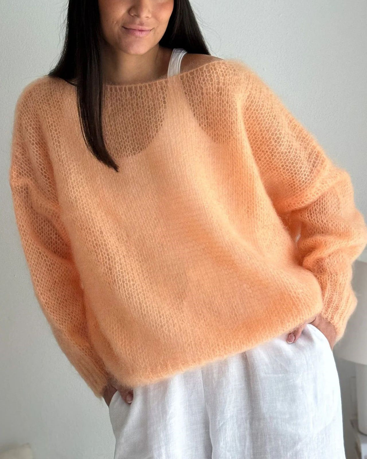 Sheer Loose Knit Off Shoulder Sweater - Orange - 3