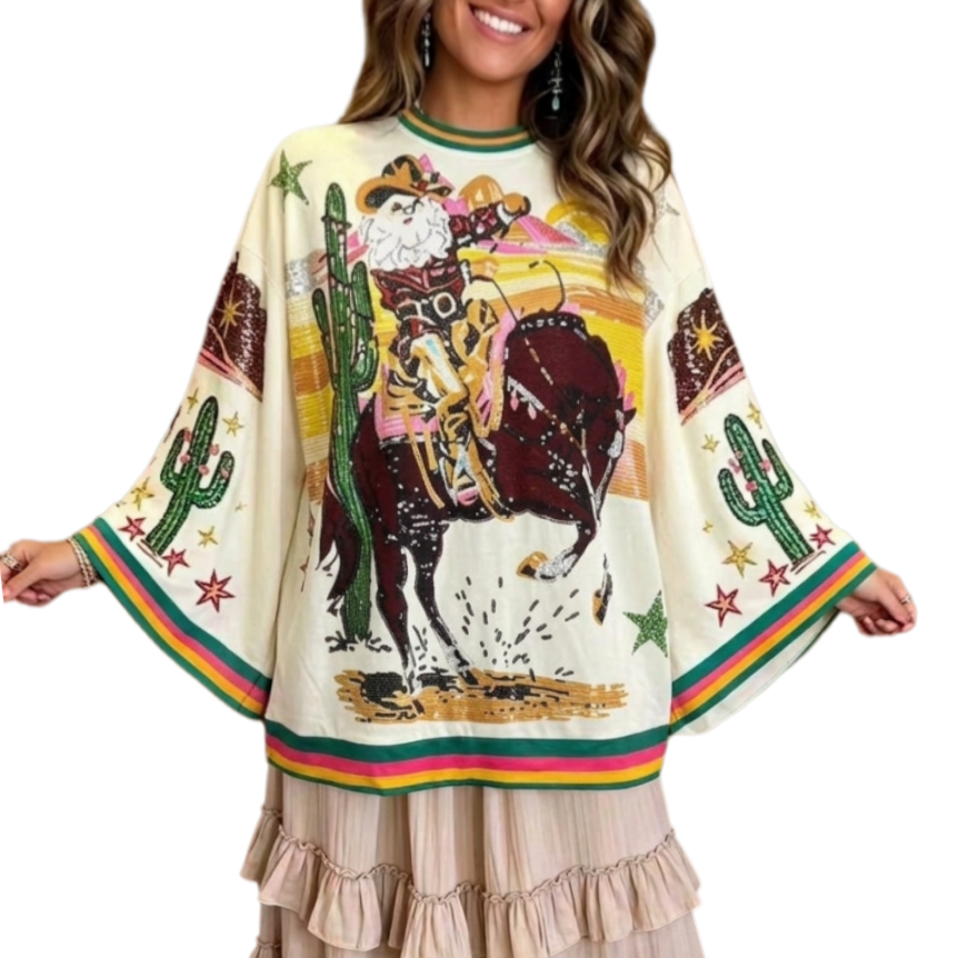 Western Santa Christmas Graphic Tee with Wide Sleeves - Multi