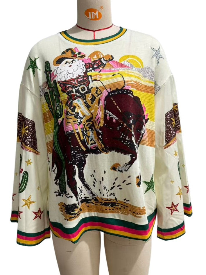 Western Santa Christmas Graphic Tee with Wide Sleeves - Multi - 1