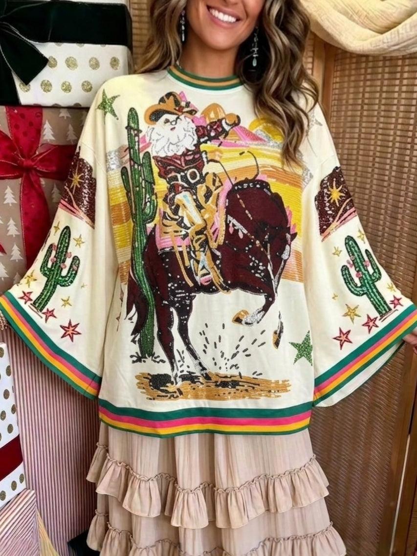 Western Santa Christmas Graphic Tee with Wide Sleeves - Multi - 3