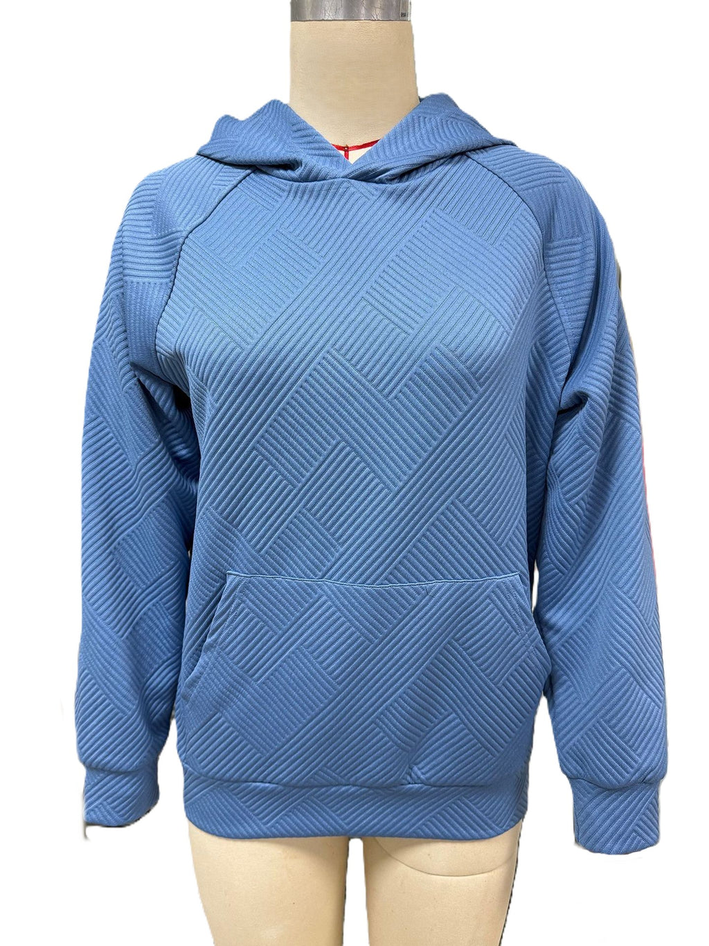 Quilted Raglan Sleeve Hooded Sweatshirt - Blue