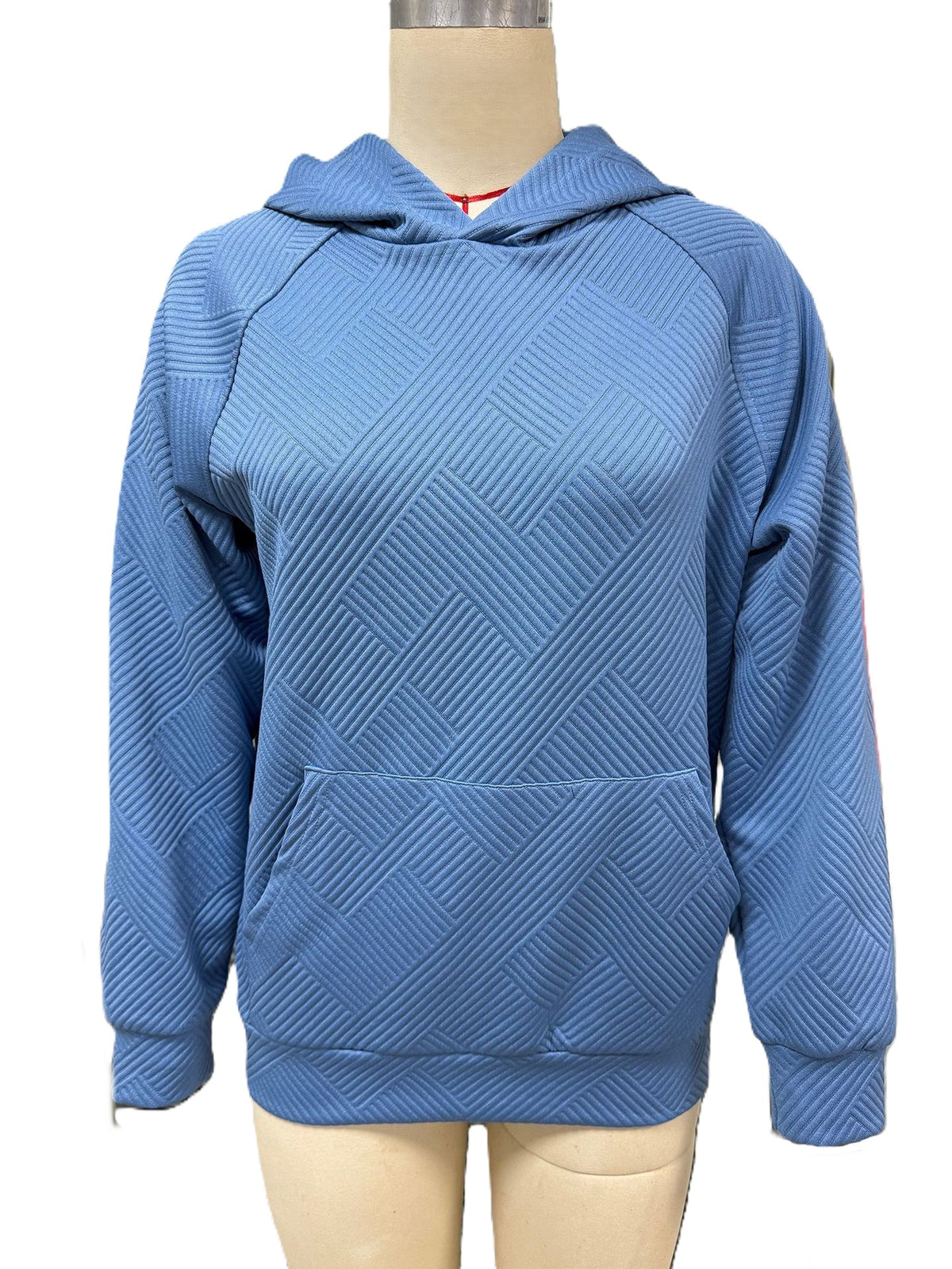 Quilted Raglan Sleeve Hooded Sweatshirt - Blue