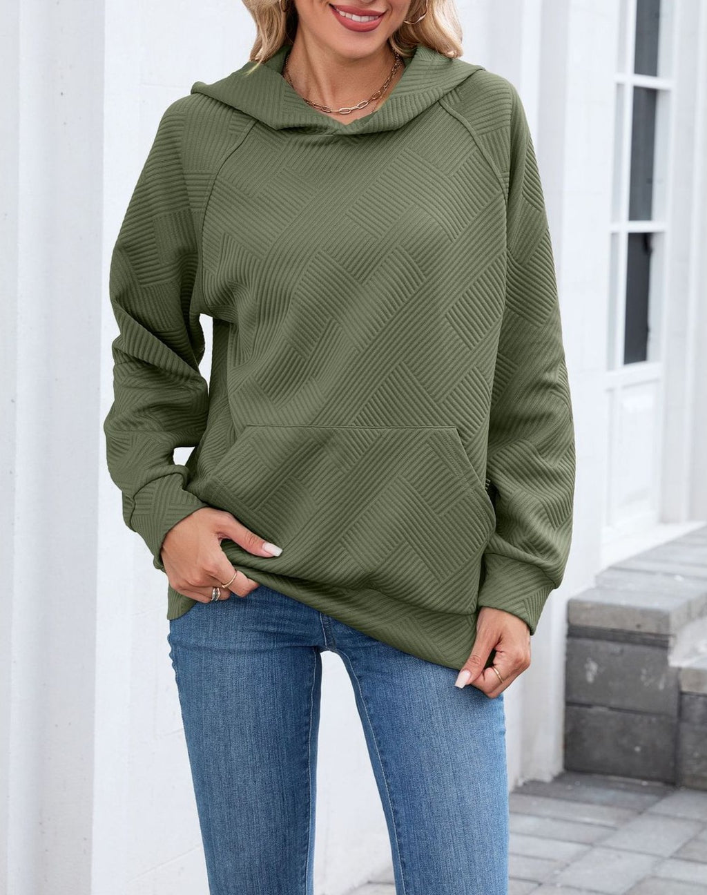 Quilted Raglan Sleeve Hooded Sweatshirt - Green