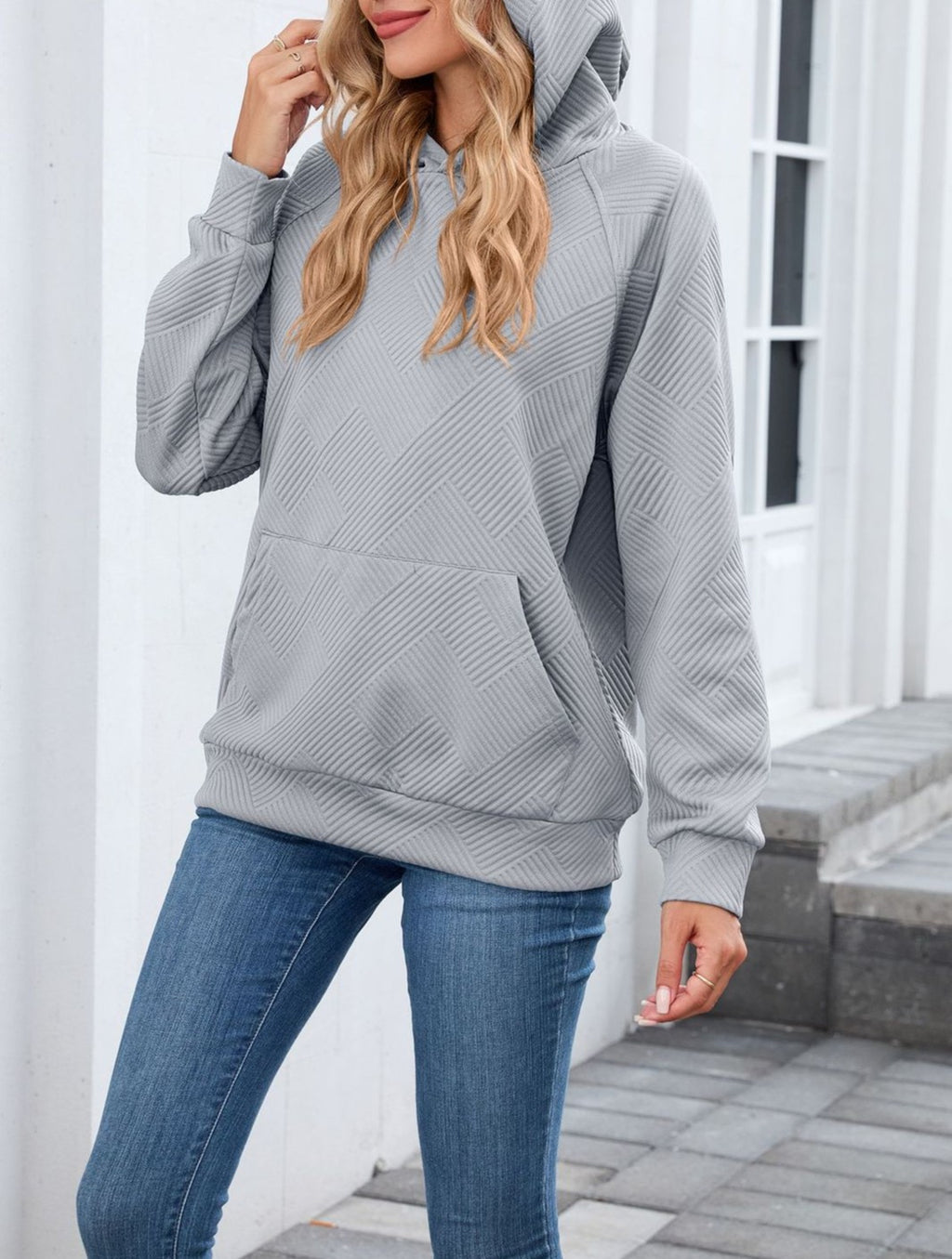 Quilted Raglan Sleeve Hooded Sweatshirt - Grey