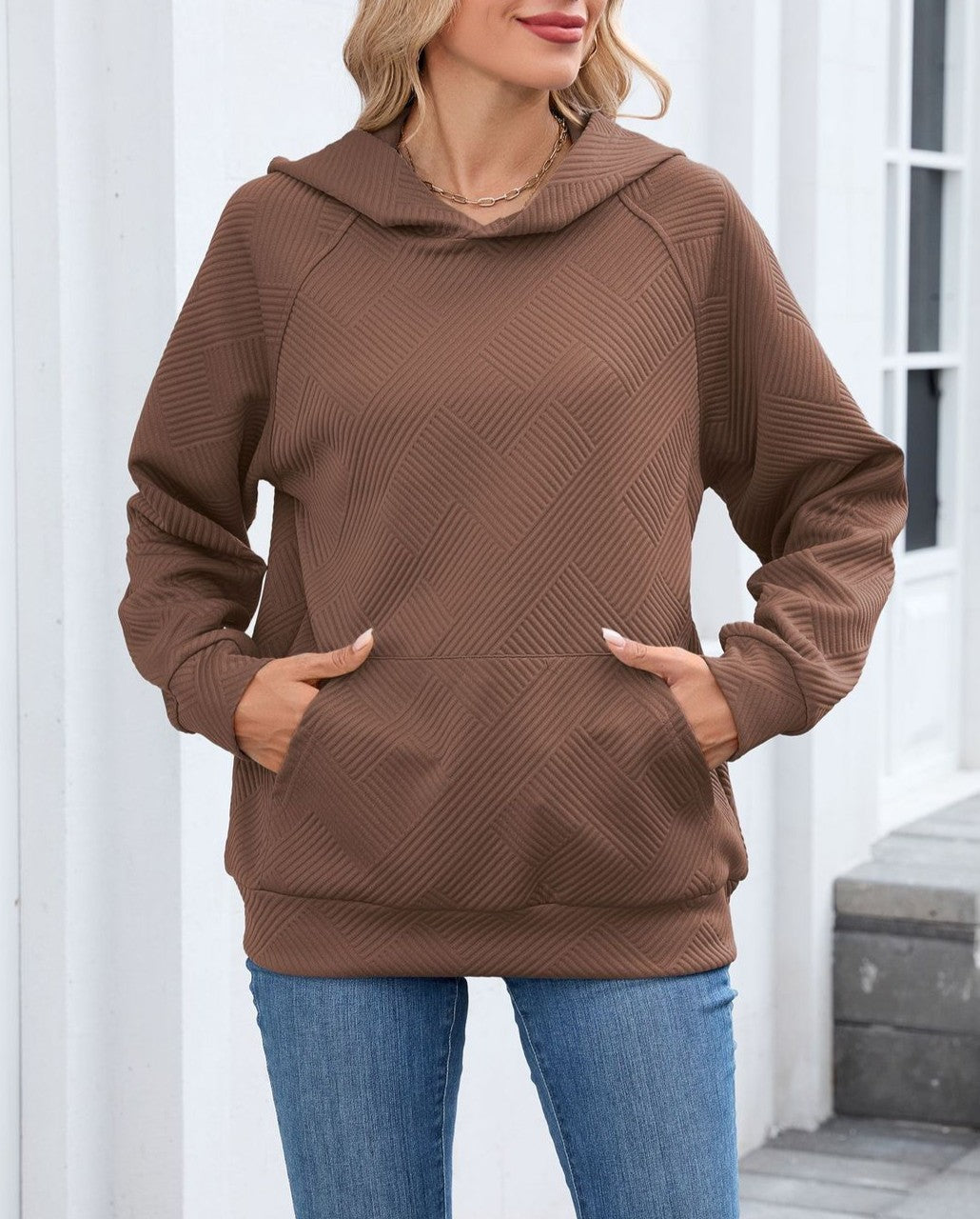 Quilted Raglan Sleeve Hooded Sweatshirt - Khaki