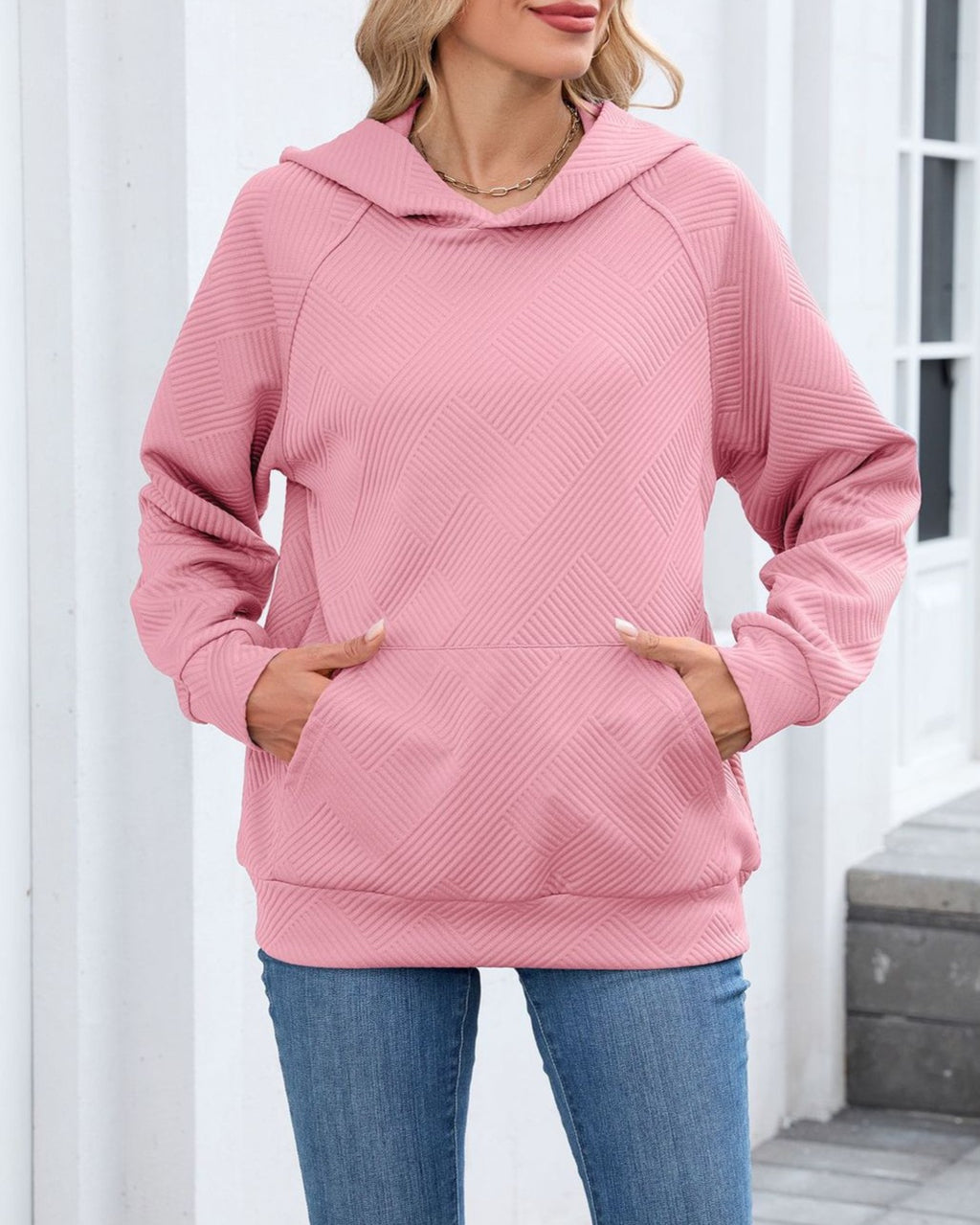 Quilted Raglan Sleeve Hooded Sweatshirt - Pink